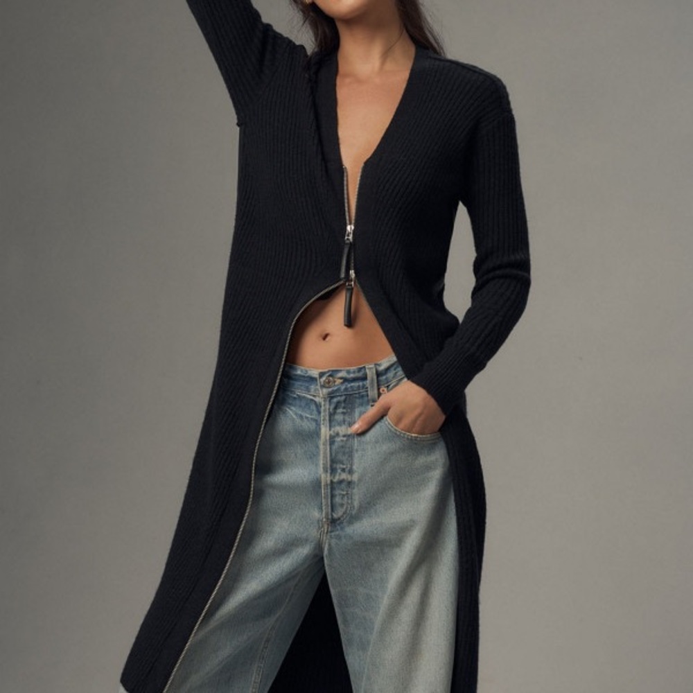 Anthropologie Pilcro Faux Leather-Trimmed Duster Cardigan Sweater in black